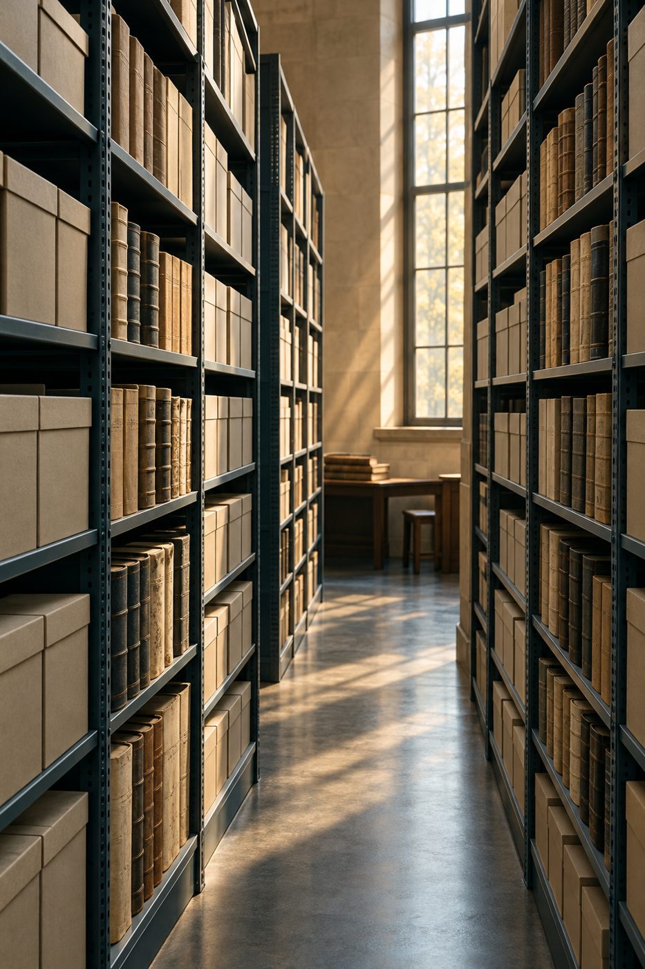 Corsia di un archivio tra scaffali metallici, con luce calda dalla finestra in fondo.